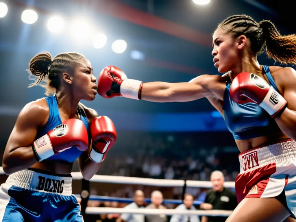 Dos boxeadoras intercambian golpes en el ring, con determinación en sus ojos