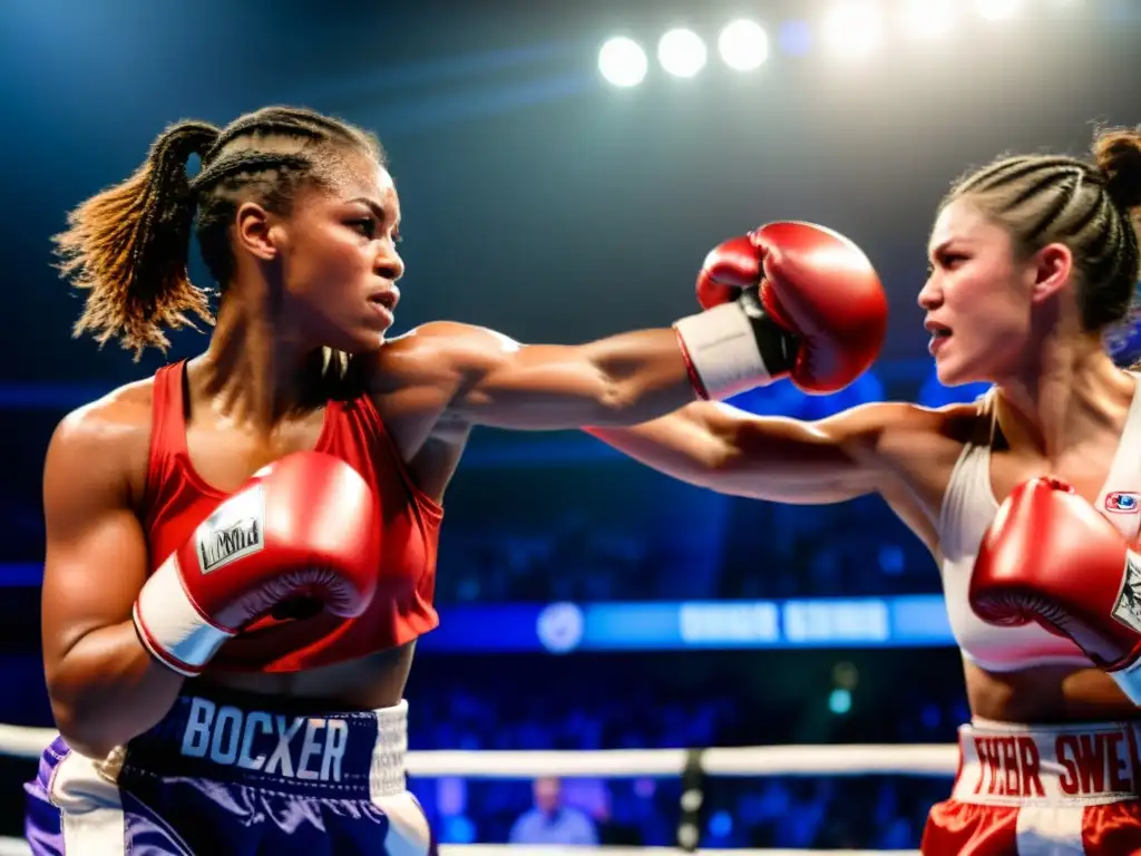 Dos boxeadoras listas para luchar en el ring, rodeadas de una multitud apoyándolas