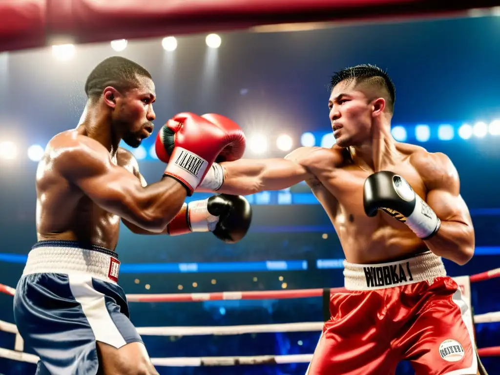 Dos boxeadores hábiles se enfrentan en un intenso combate, mostrando la disciplina y la energía del deporte