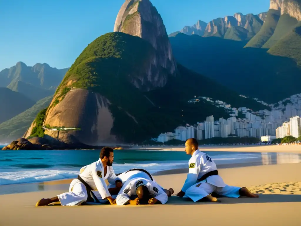 Práctica de Jiu Jitsu Brasileño en la playa de Ipanema, Río, con el sol matutino, montañas y mar al fondo