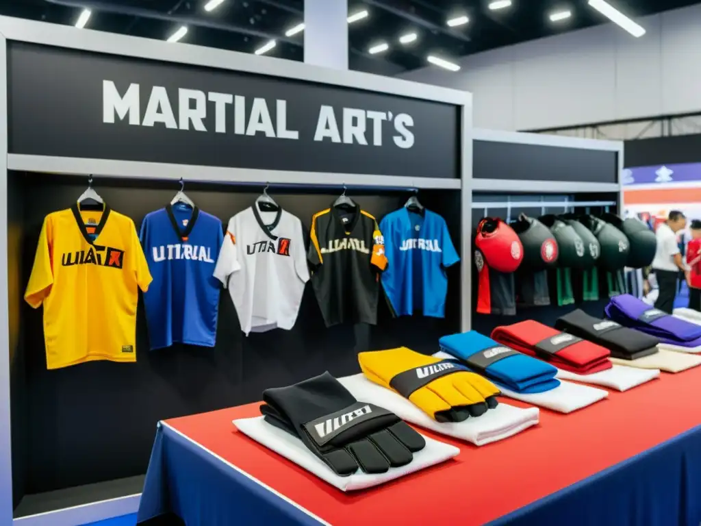 Un bullicioso stand de mercancía de artes marciales en un evento, con clientes probándose equipamiento y personal entusiasta