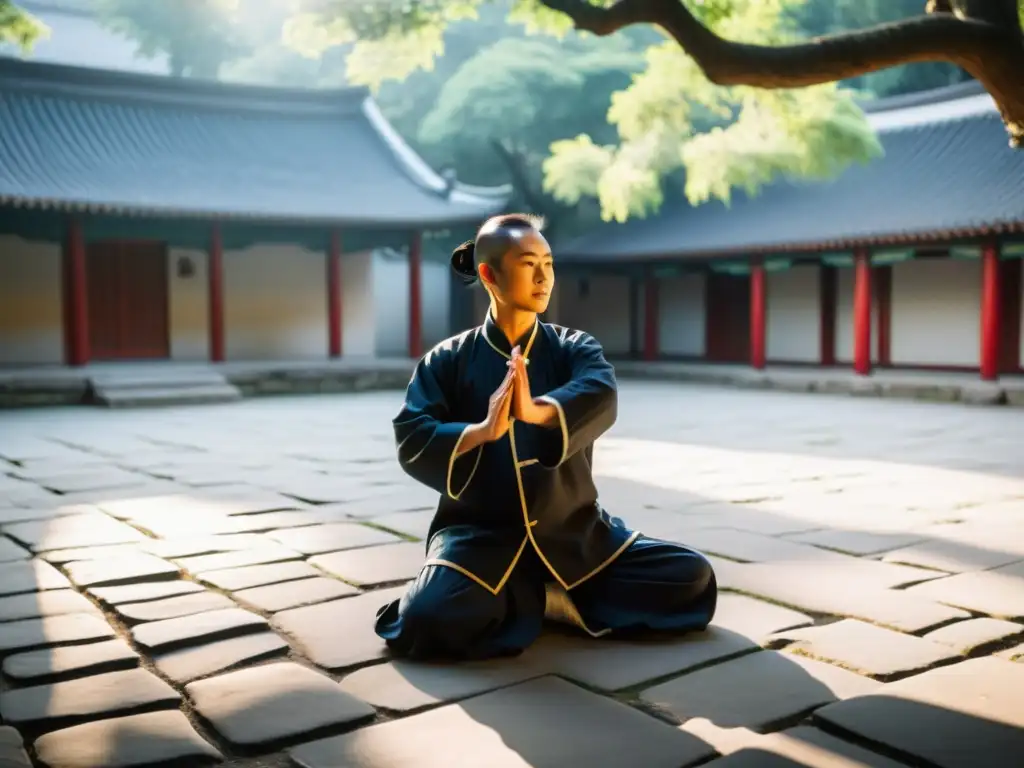 Sun Lutang y el camino guerrero: Maestro de Tai Chi guía a sus estudiantes en un patio sereno, entre la niebla matutina y la luz suave