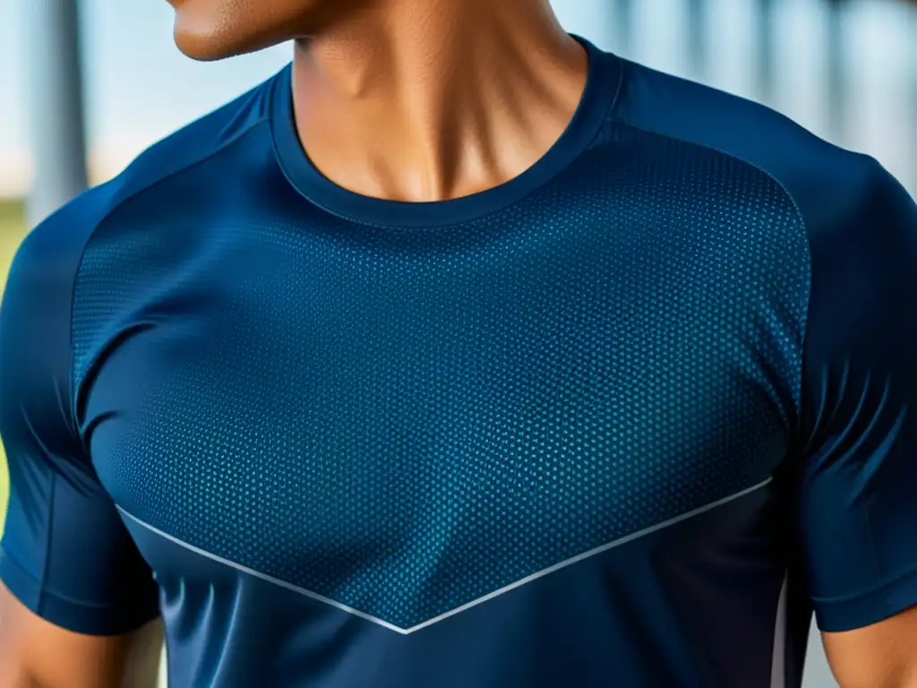 Camiseta de alto rendimiento con tecnología antimicrobiana, enfoque en la tela y ambiente de gimnasio activo