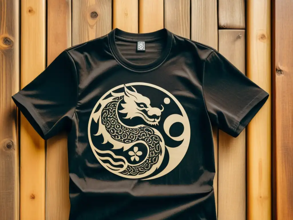 Una camiseta negra vintage con iconografía de Kung Fu delicadamente dibujada a mano sobre fondo de madera envejecida