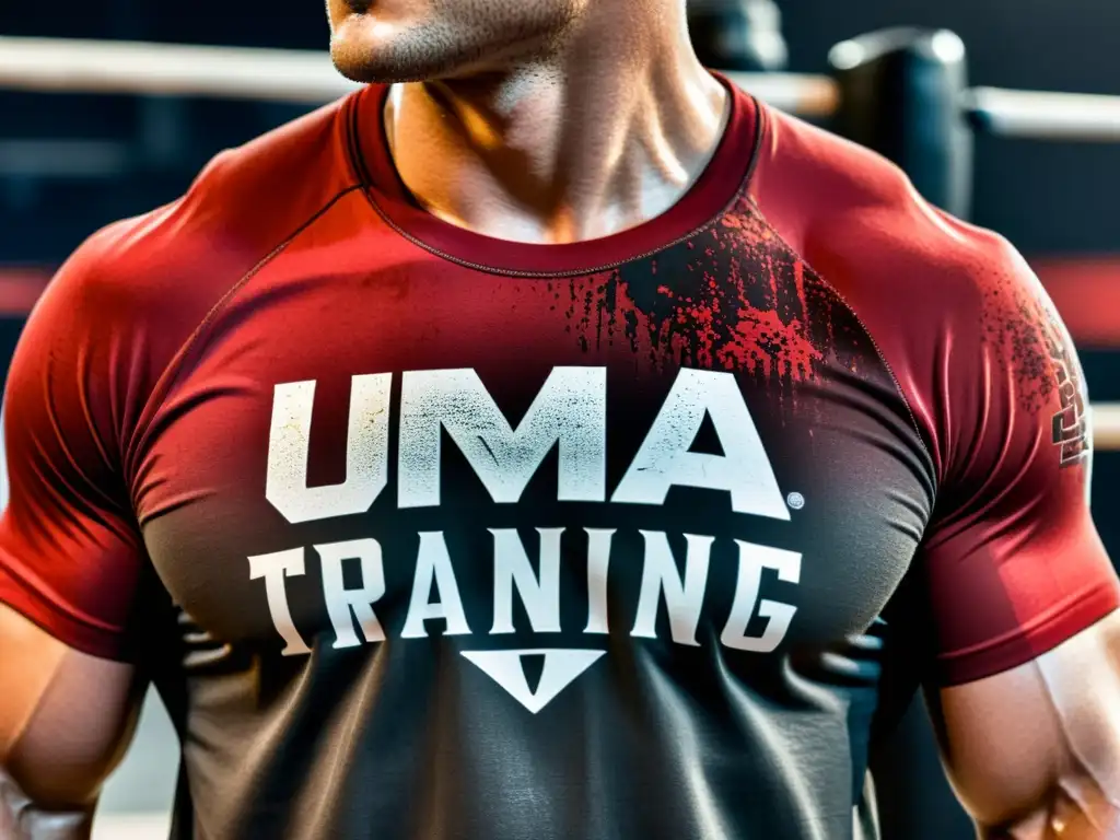 Camiseta oficial de MMA sudada y ensangrentada, desgastada por el intenso entrenamiento y combate