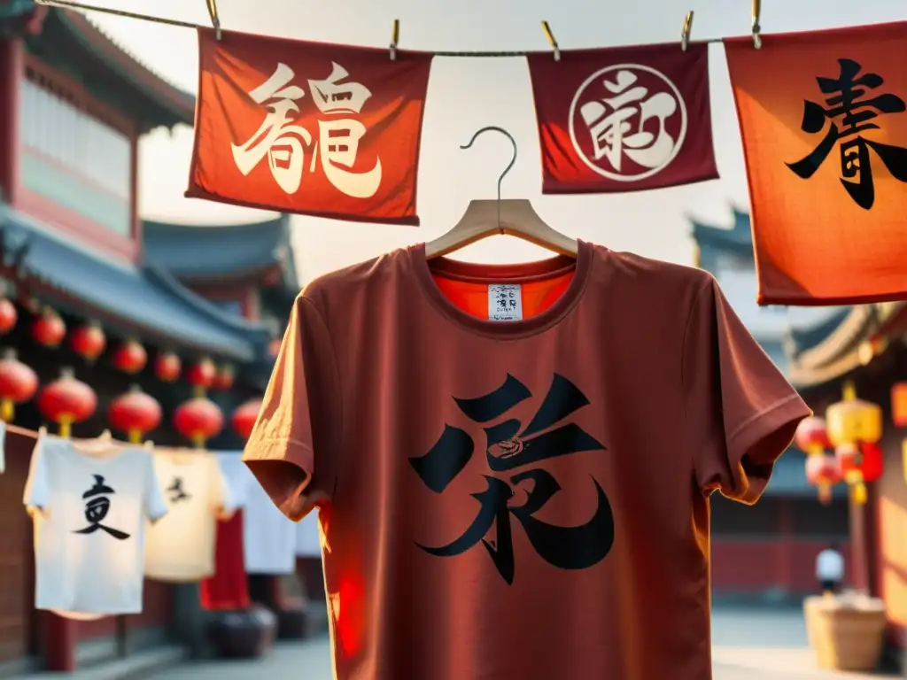 Una camiseta vintage de kung fu roja cuelga en un mercado chino bullicioso, mostrando su desgaste