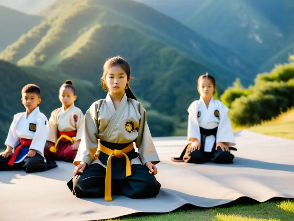 Campamento de artes marciales internacionales: Jóvenes practican katas al atardecer en un entorno natural impresionante