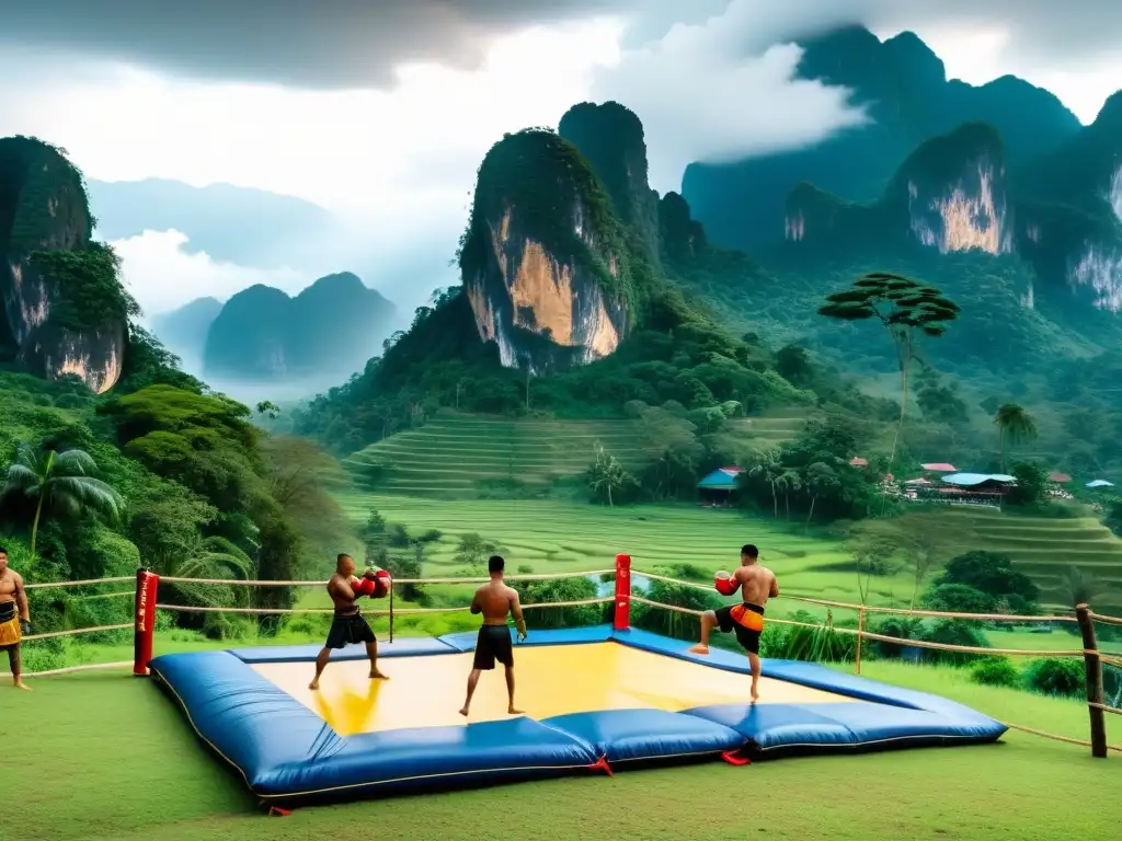 Campamento de entrenamiento de Muay Thai en un exuberante paisaje tropical de Tailandia, con artistas marciales dedicados en pleno entrenamiento