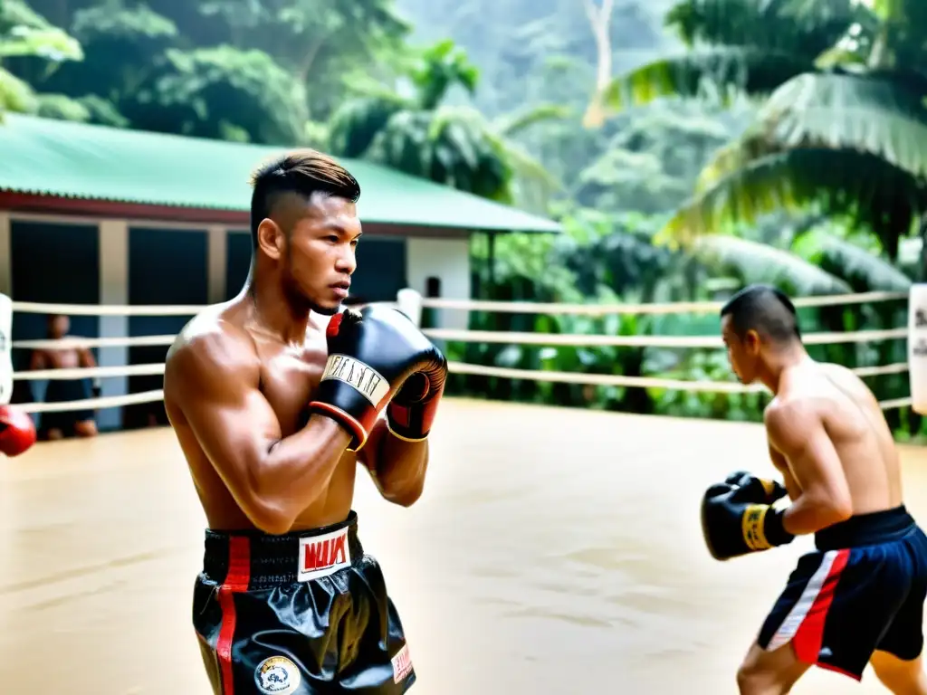 Campamento de entrenamiento de Muay Thai en la exuberante naturaleza tropical, con luchadores dedicados y un instructor experimentado