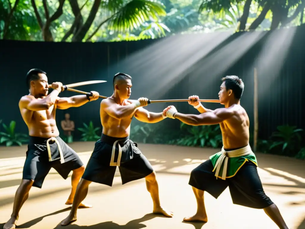 Campamento de Eskrima en Filipinas: Entrenamiento de artistas marciales en medio de exuberante vegetación tropical, demostrando habilidad y disciplina