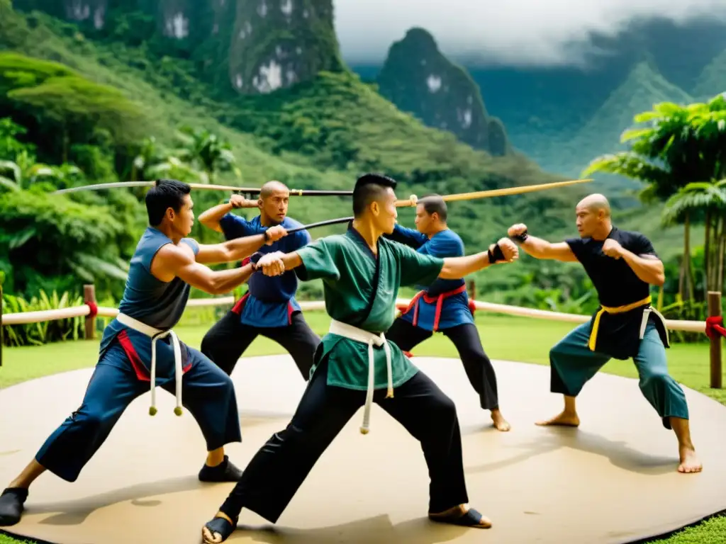 Campamento de Eskrima en Filipinas: Martial artists entrenando en un exuberante paisaje tropical, con movimientos expertos y palmeras al fondo