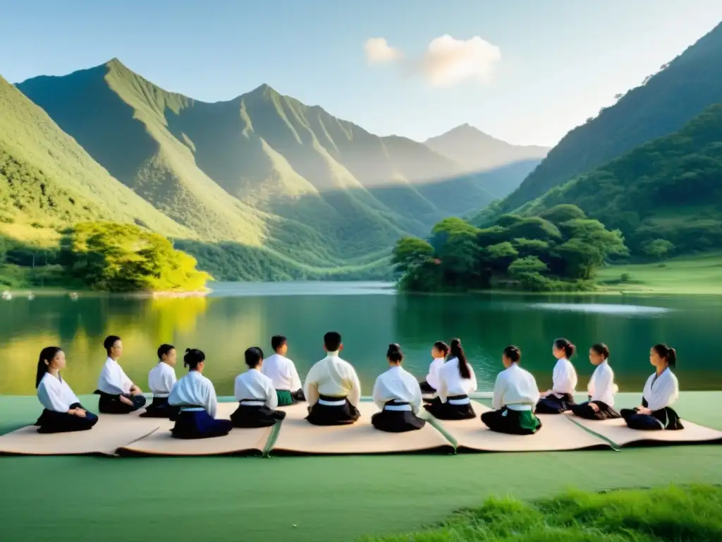 Campamento internacional de artes marciales: jóvenes estudiantes practican movimientos precisos bajo el sol, con montañas verdes y lago al fondo