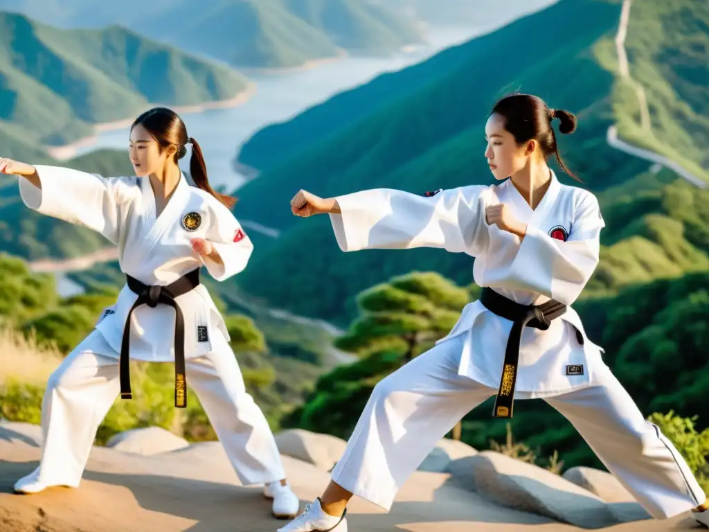 Campamento de Taekwondo en Corea: Estudiantes practican en la cima de una montaña, con movimientos poderosos y paisaje impresionante