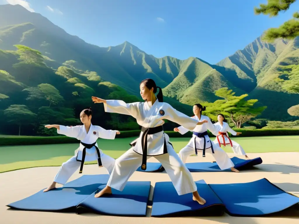 Campamento de Taekwondo en Corea: Jóvenes practicantes ejecutan movimientos precisos en un entorno sereno, rodeados de montañas verdes y cielo azul