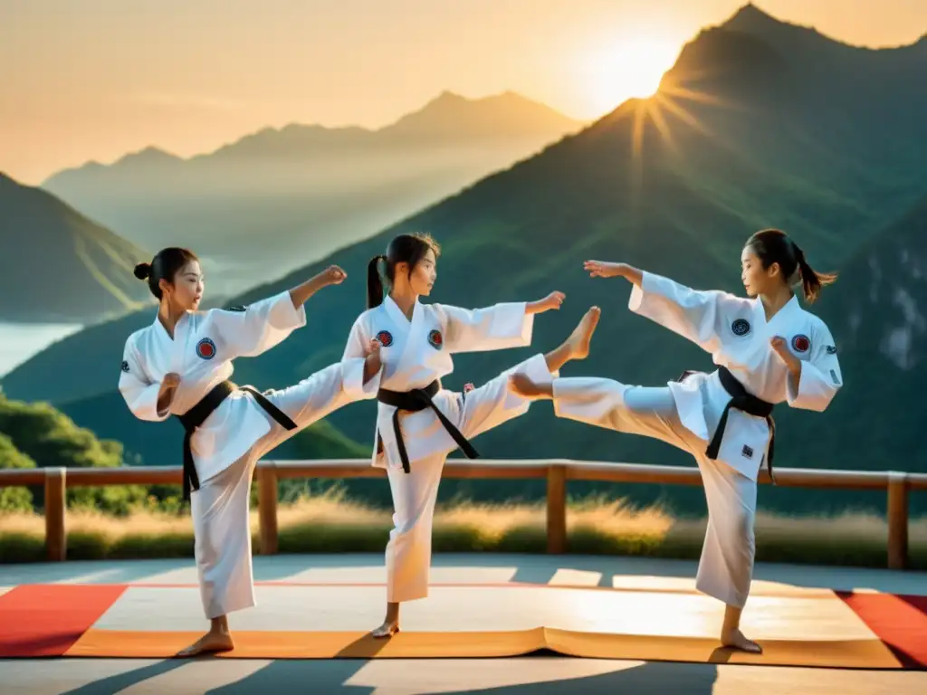 Campamento de Taekwondo en Corea: Jóvenes practicantes ejecutan patadas altas sincronizadas frente a una impresionante montaña al atardecer, demostrando habilidad y disciplina en un pintoresco dojang al aire libre