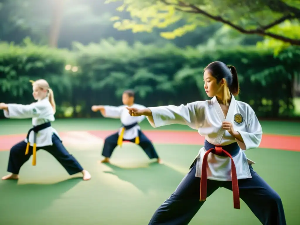 Campamento de verano artes marciales: Entrenamiento al aire libre, niños y adultos practicando técnicas en armonía bajo el cálido sol estival