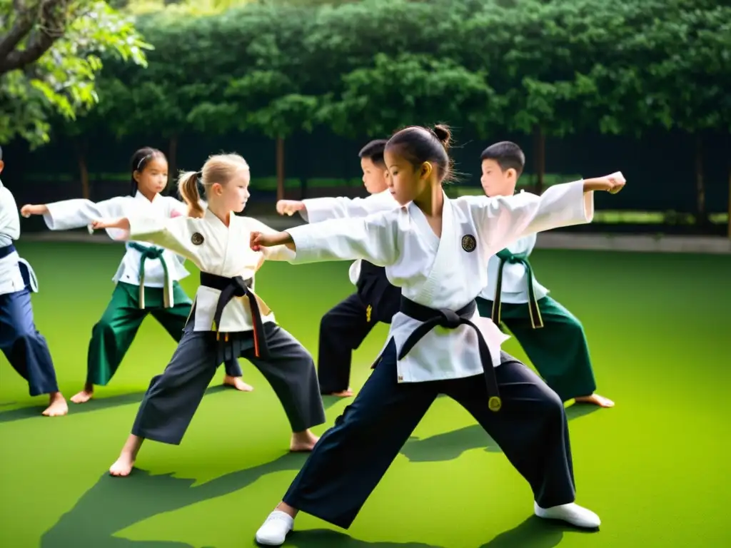 Campamento de verano artes marciales: Niños y instructores practicando en un entorno natural, demostrando disciplina y trabajo en equipo