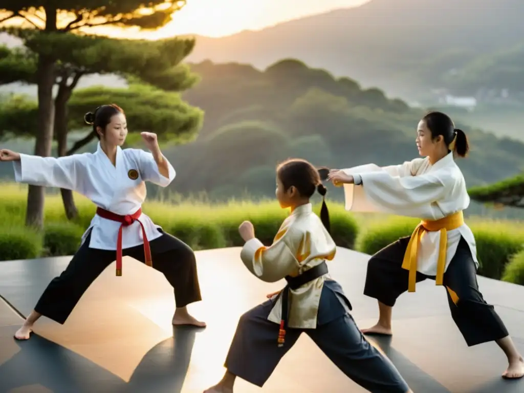 Campamento de verano de artes marciales: familias practican técnicas al atardecer en un escenario natural, mostrando unión y determinación