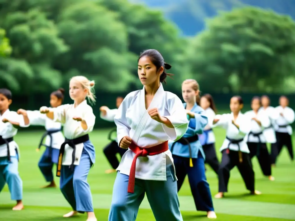 Campamento de verano de artes marciales: Familias diversas practican juntas en un ambiente natural sereno, fomentando unidad y crecimiento personal