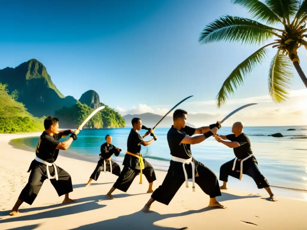 Campamentos de Eskrima en Filipinas: Practicantes de artes marciales en dinámica sesión de entrenamiento en la playa