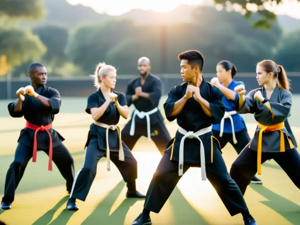 Campamentos de Jeet Kune Do: Estudiantes practican con determinación en un escenario natural, bajo la guía de un instructor experto