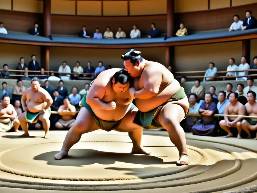 Campamentos de sumo en Japón: Luchadores de sumo en un emocionante combate, rodeados de una atmósfera cultural única en Japón