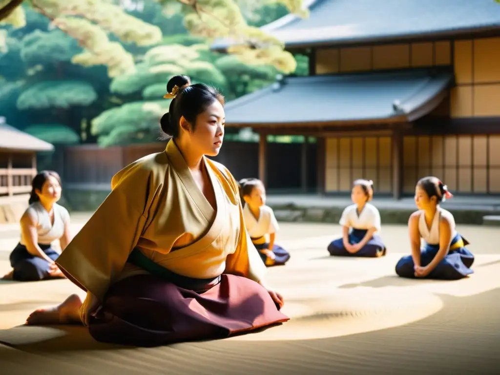 Campamentos de sumo en Japón: Mujeres y niños en trajes tradicionales japoneses entrenan sumo en un dojo al aire libre, con determinación y serenidad