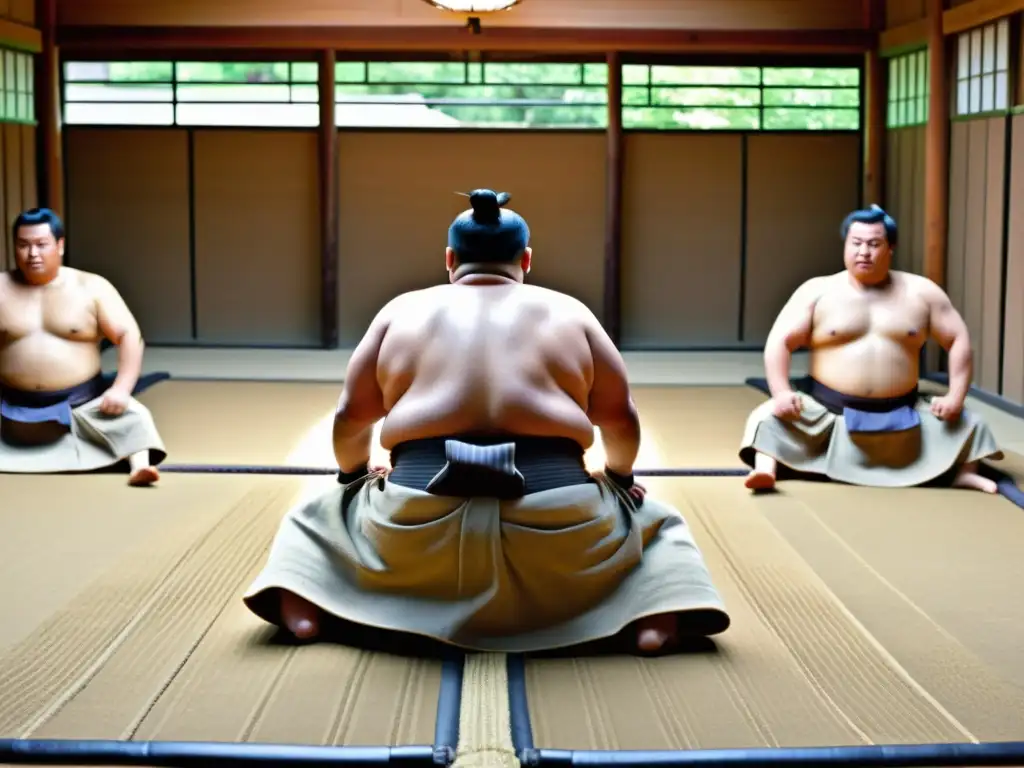 Campamentos de sumo en Japón: Entrenamiento tradicional de sumo con luchadores y maestro en un espacio lleno de disciplina y tradición japonesa