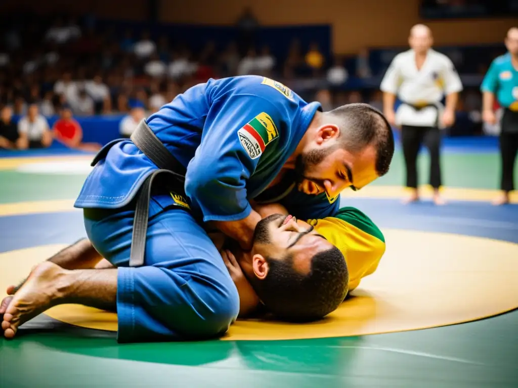Campeón de Jiu-Jitsu brasileño ejecuta llave letal en torneo Un campeón de cinturón negro de Brazilian JiuJitsu ejecutando una dominación en América, con la bandera brasileña en su uniforme