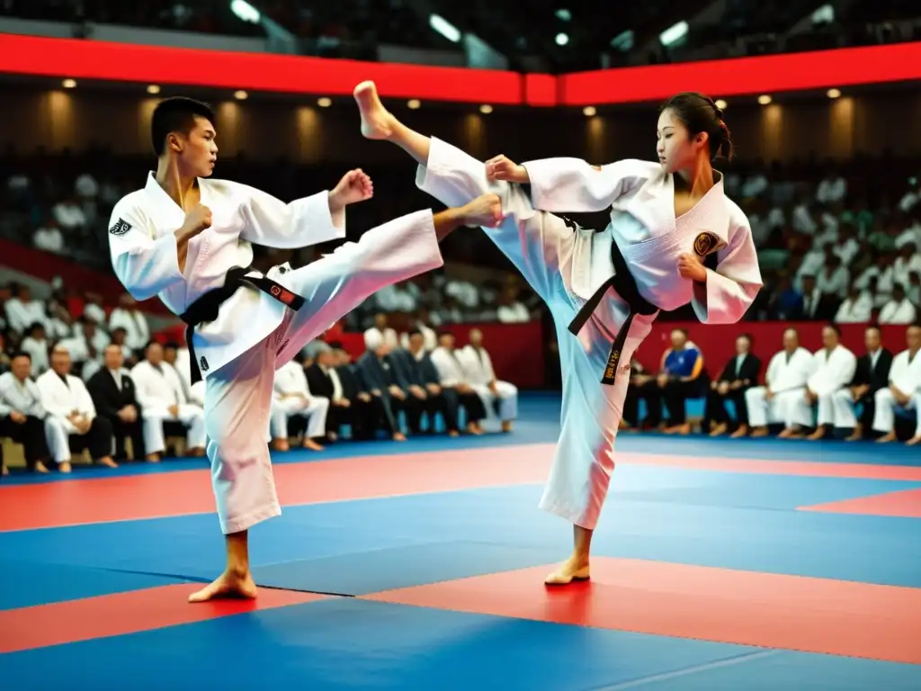 En el Campeonato Mundial de Karate, dos atletas compiten con precisión y pasión