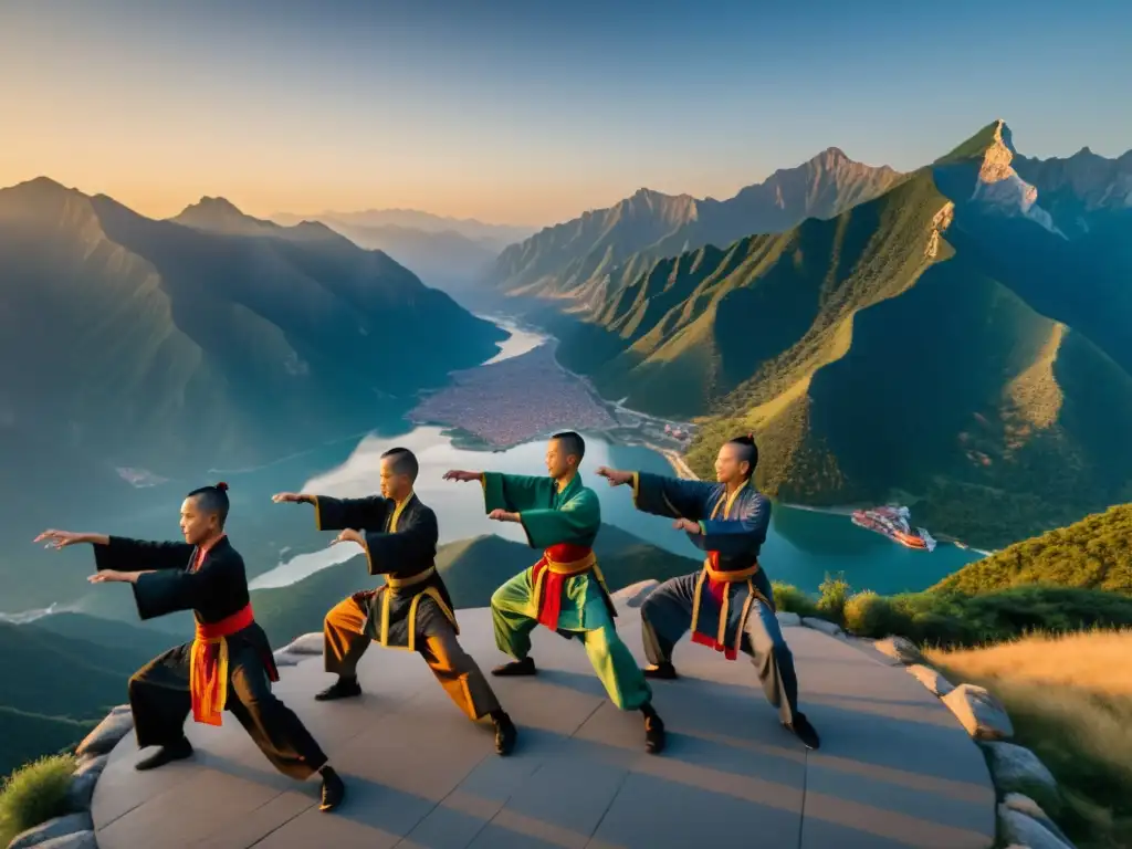 Campeonatos Mundiales Kung Fu Alto Rendimiento: Maestros de Kung Fu ejecutan movimientos sincronizados frente a majestuoso paisaje montañoso al amanecer, demostrando disciplina y destreza