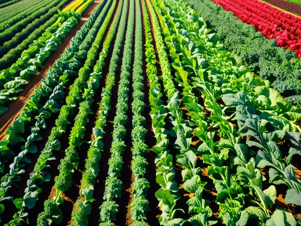 Un campo de alimentos orgánicos preparación marcial, bañado por el sol, con vegetales vibrantes y agricultores cuidadosos al fondo