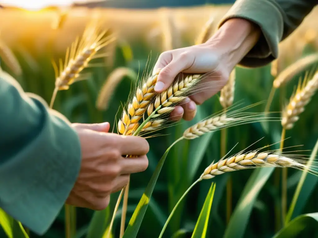 Un campo de trigo bañado por la cálida luz del sol, con un agricultor al fondo