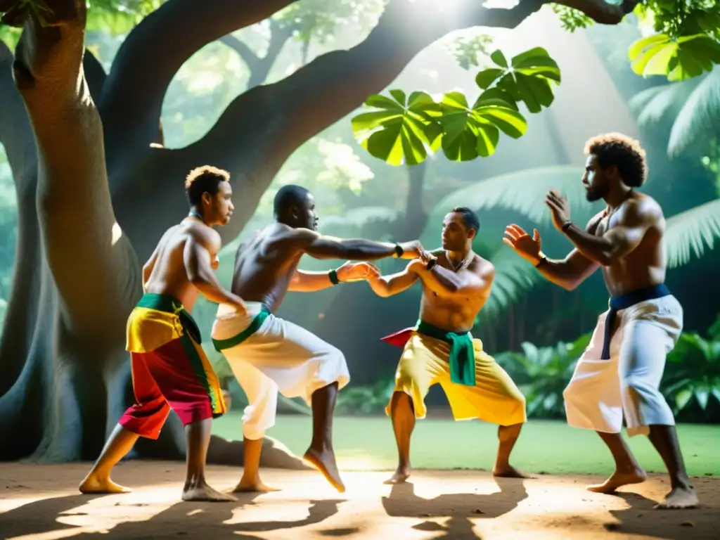 Práctica de capoeira bajo un árbol en la selva, con intensidad y energía