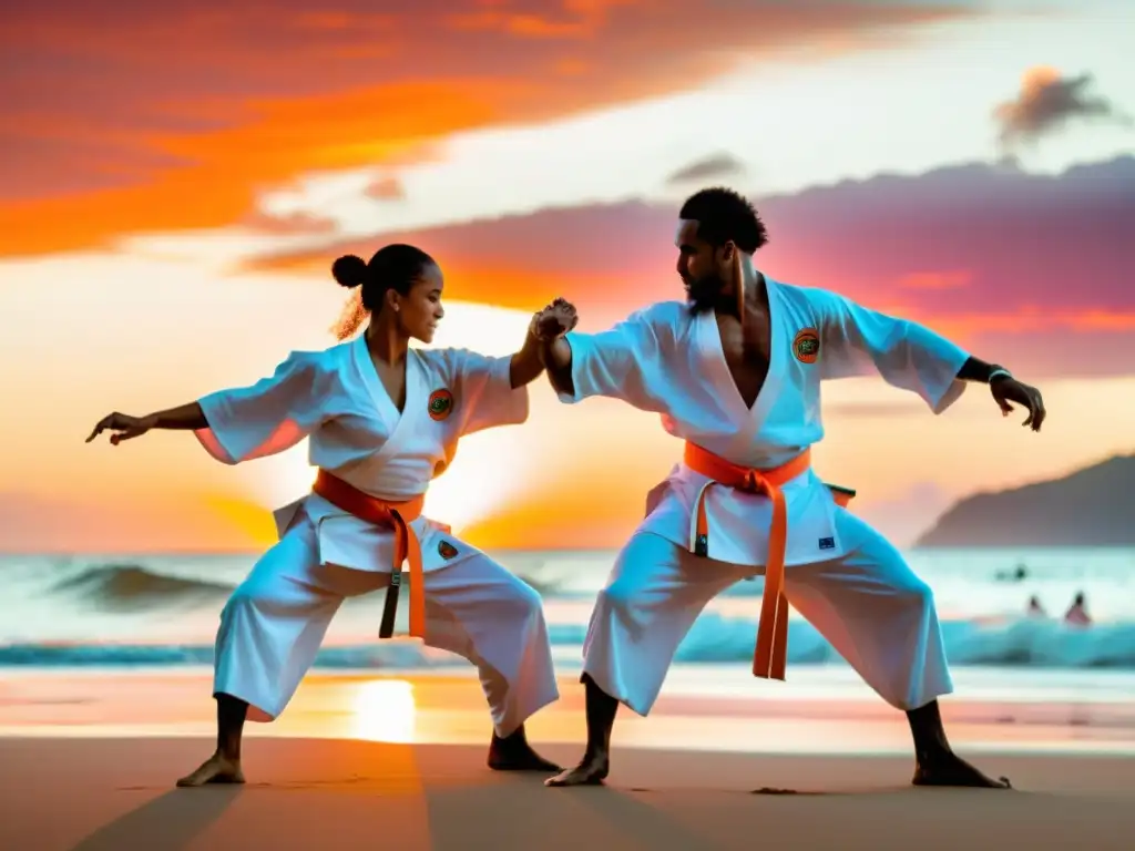 Capoeira arte marcial brasileño en una roda al atardecer en una hermosa playa, con capoeiristas en movimiento y un cielo naranja y rosa vibrante