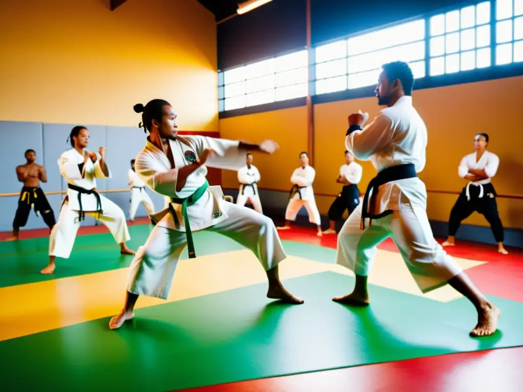 Práctica de capoeira y artes marciales asiáticas en estudio soleado, reflejando influencias culturales de la Capoeira y la fusión de tradiciones