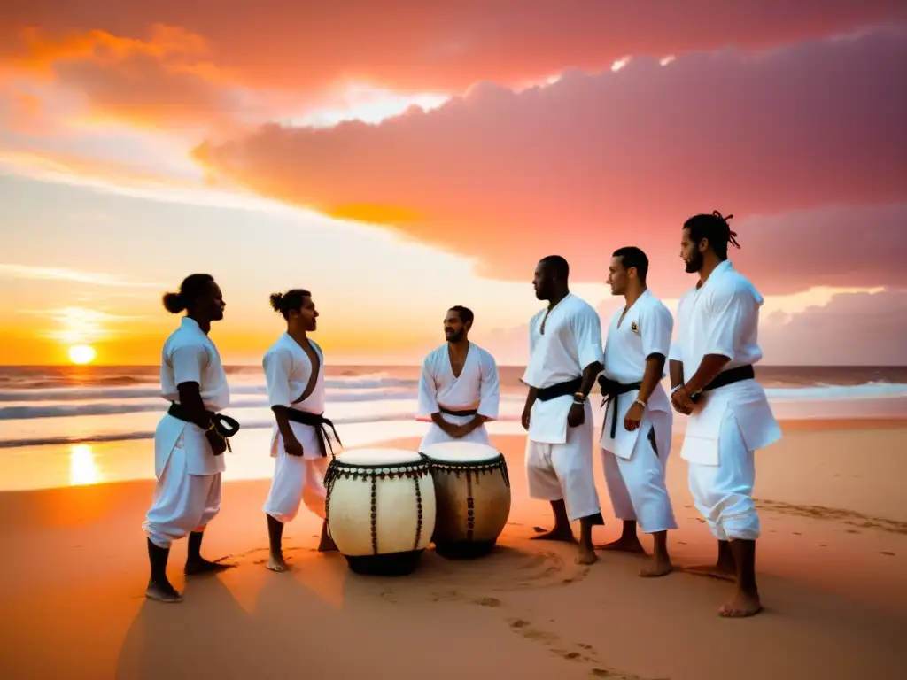 Práctica de capoeira al atardecer en la playa, evocando la tradición y tendencias de esta disciplina