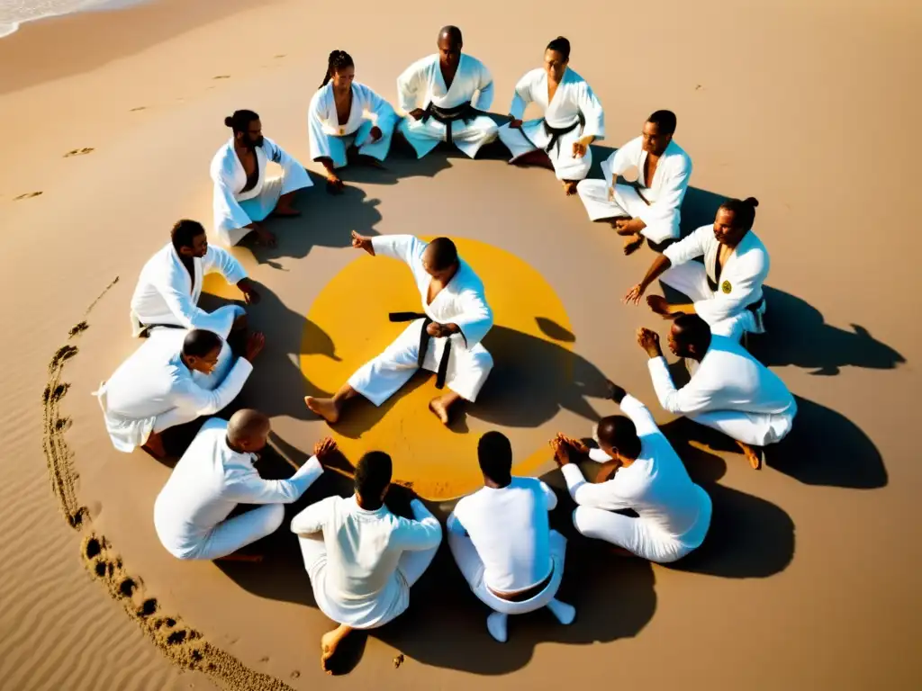 Capoeira en la playa: Campamento de Capoeira combinando danza y lucha, con participantes en movimiento fluido y poderoso