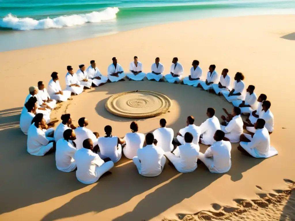 Práctica de Capoeira en la playa de Salvador, Brasil, al amanecer, con el mar turquesa de fondo