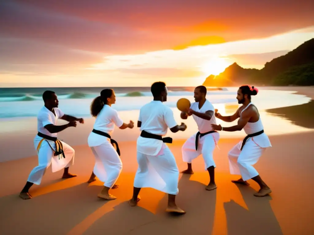 Expansión de la capoeira en América: Practicantes de capoeira en círculo en la playa al atardecer, movimientos dinámicos y expresiones apasionadas