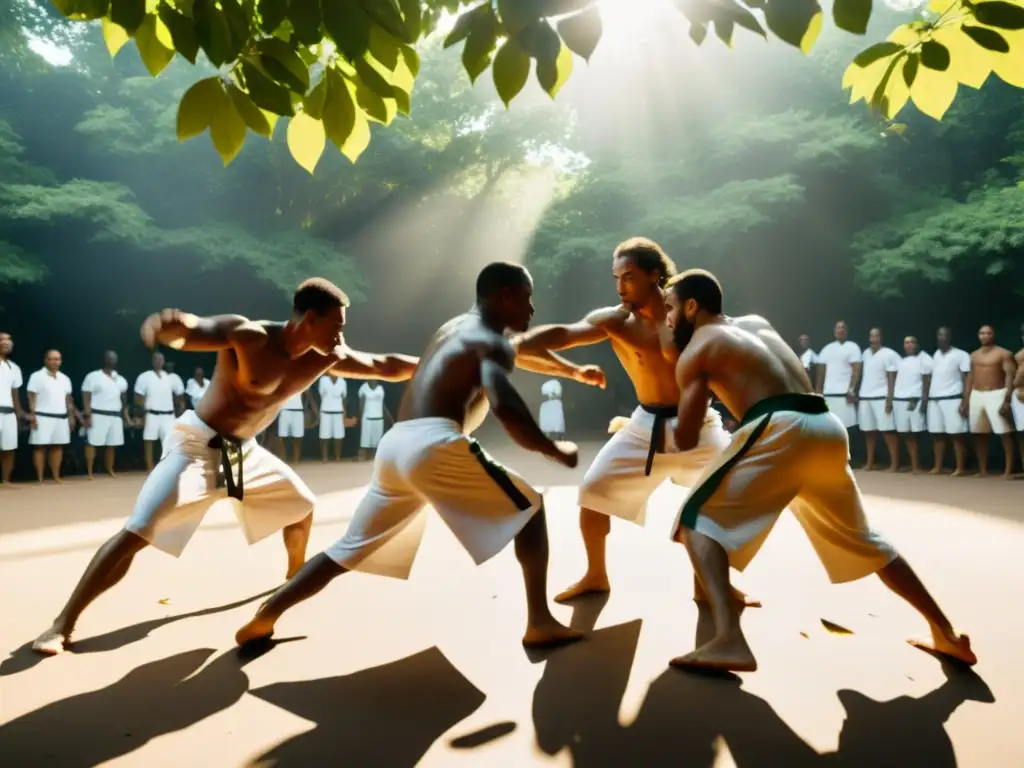 Práctica de capoeira bajo el sol, demostrando fuerza y agilidad