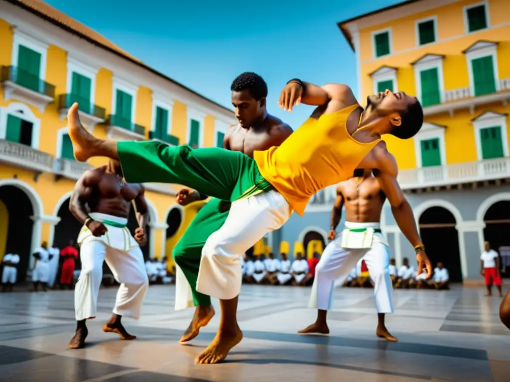 Capoeira en Brasil historia y técnicas: Grupo de practicantes de capoeira en Salvador de Bahía, Brasil, realizando acrobacias en una plaza colonial