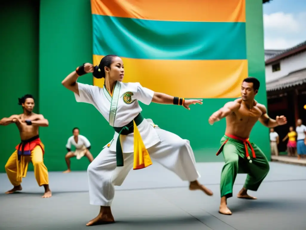 Capoeira en Asia: Una vibrante actuación de Capoeira en un entorno urbano asiático, fusionando elementos culturales con pasión y energía