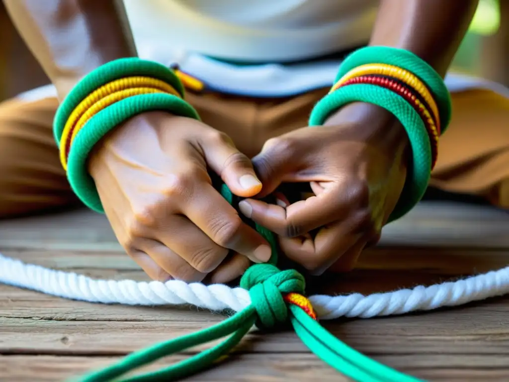 Un capoeirista experto ata el cordón tradicional de capoeira, mostrando la pasión y disciplina de la práctica