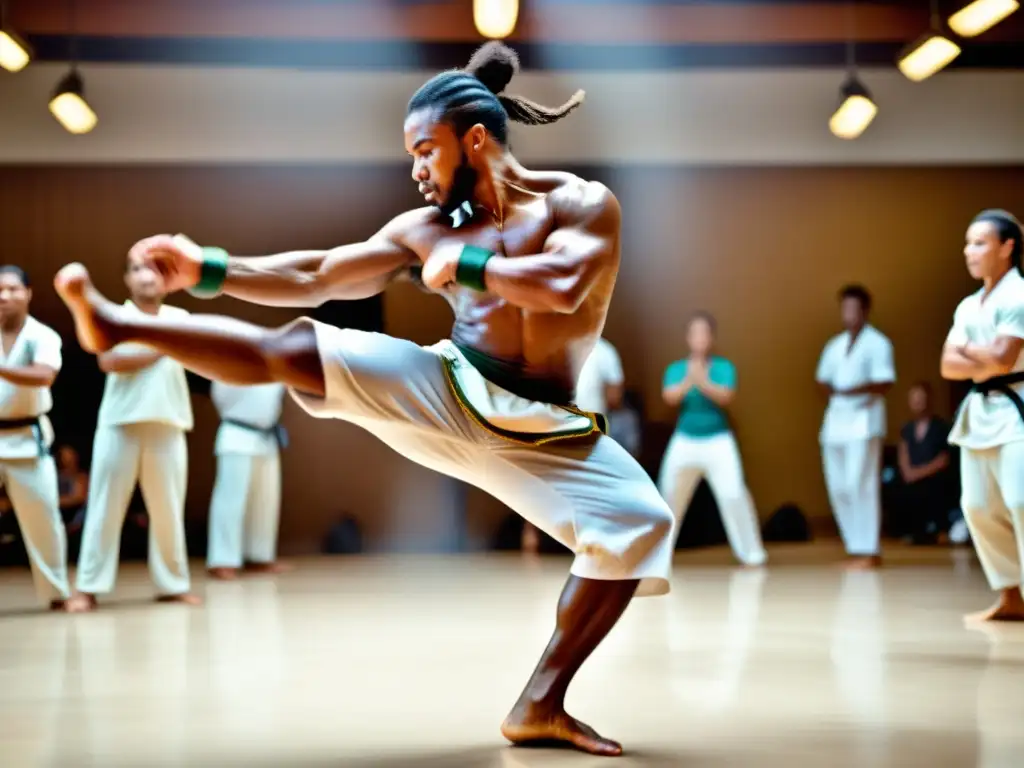 Un capoeirista en pleno movimiento en una roda de capoeira, irradiando energía y fuerza