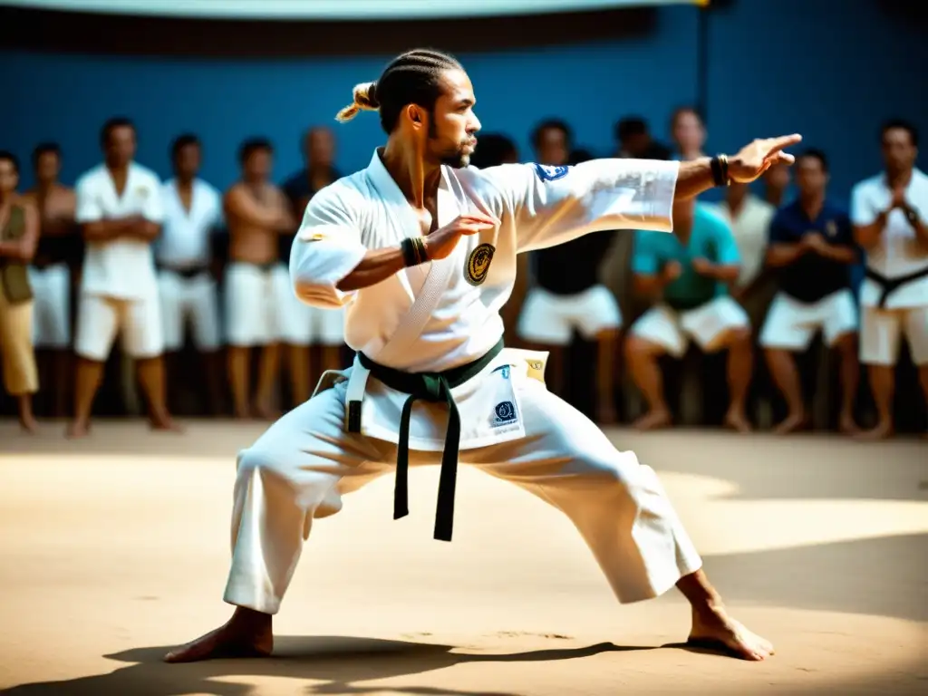 Un capoeirista profesional ejecuta una perfecta ginga con energía y concentración en una roda de capoeira