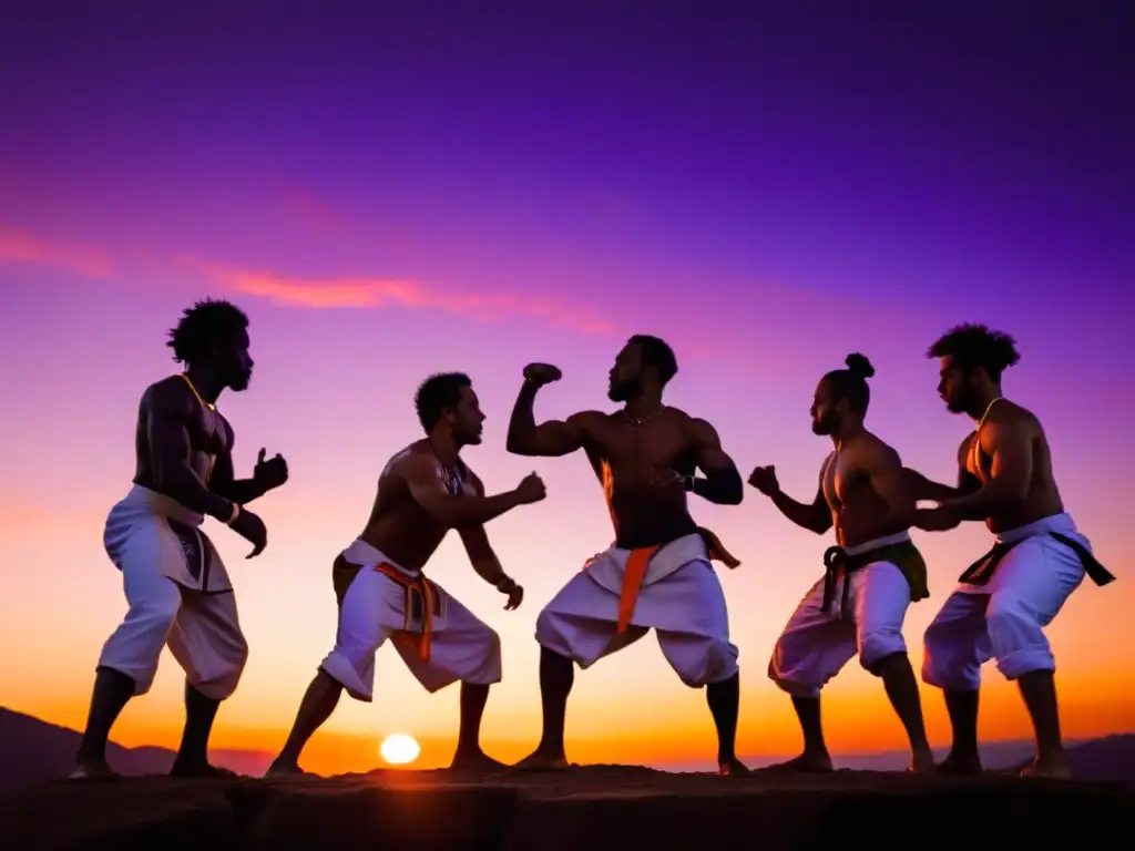 Capoeiristas en círculo al atardecer, movimientos dinámicos y energía palpable en campamento de Capoeira combinando danza y lucha