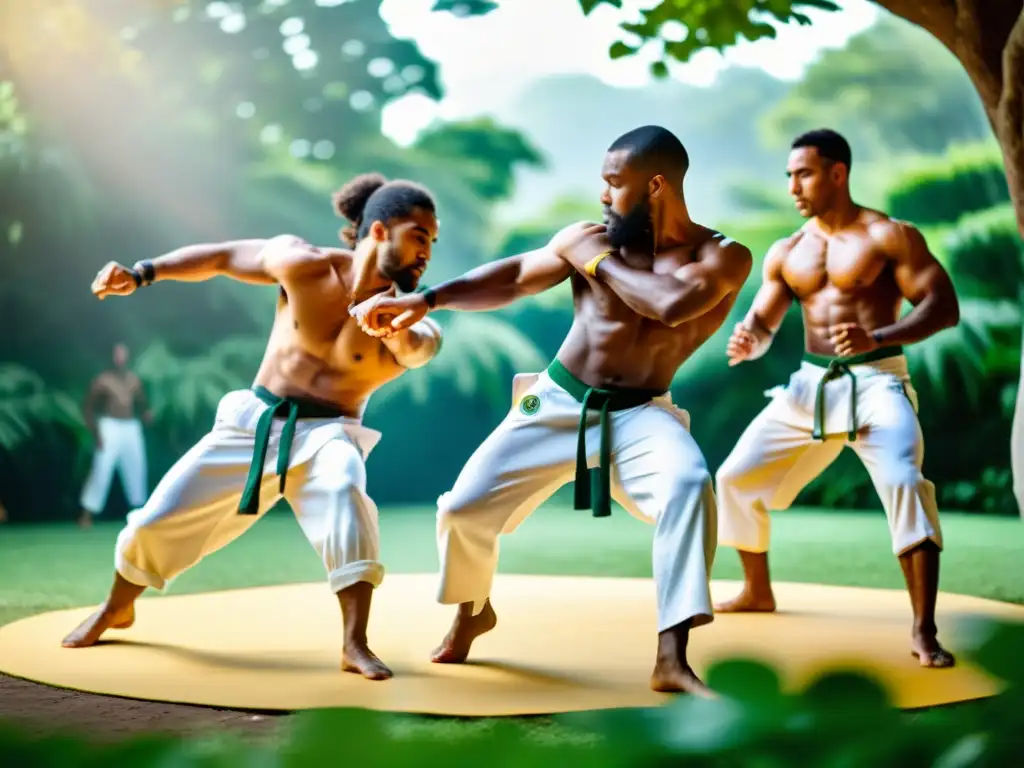 Capoeiristas enérgicos practicando al aire libre, transmitiendo vitalidad y fuerza