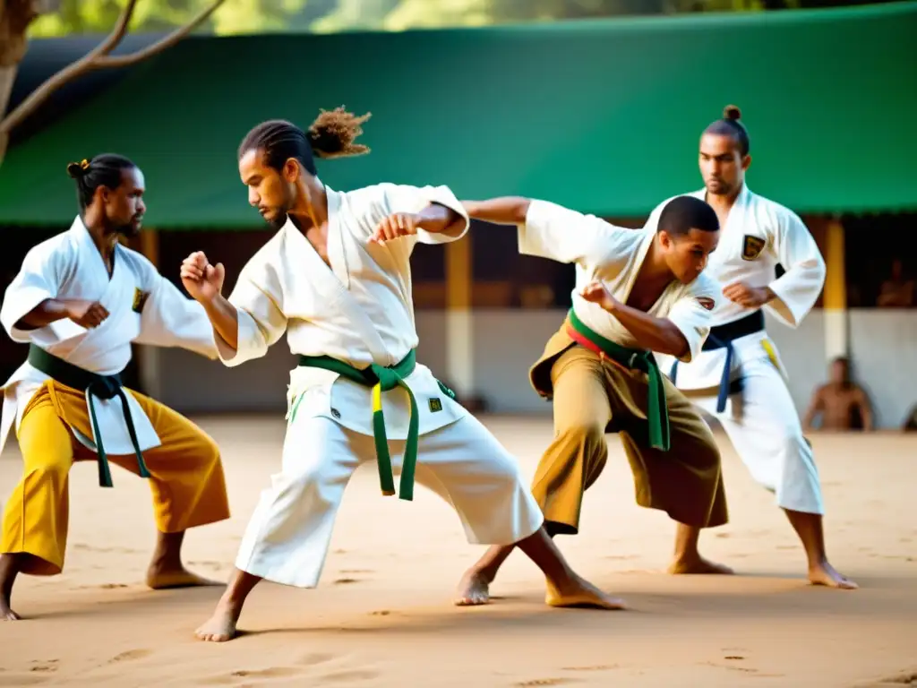 Capoeiristas ejecutan movimientos poderosos y llenos de gracia bajo el sol, reflejando energía y determinación en su arte marcial brasileño