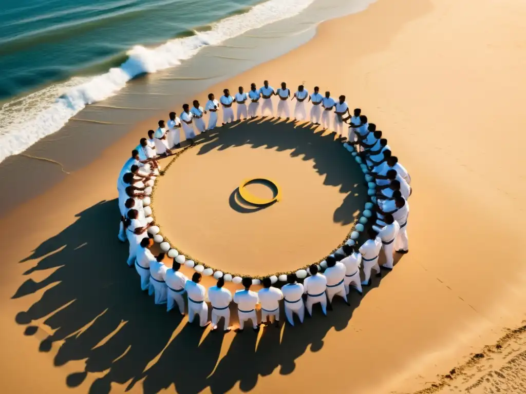 Capoeiristas en la playa al atardecer, expresando raíces culturales capoeira arte marcial en movimientos dinámicos y sombras alargadas